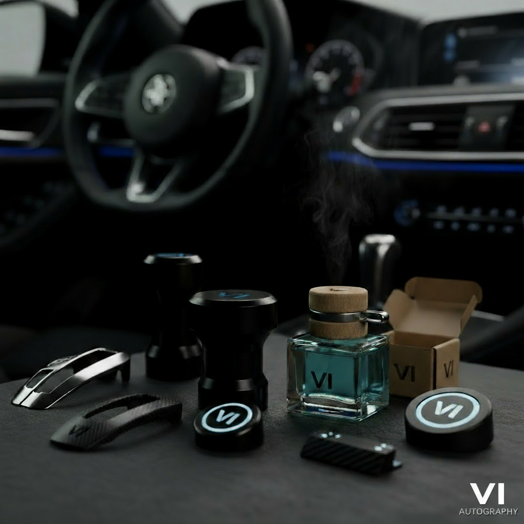 Car interior with BMW logo and various car accessories on a dark surface