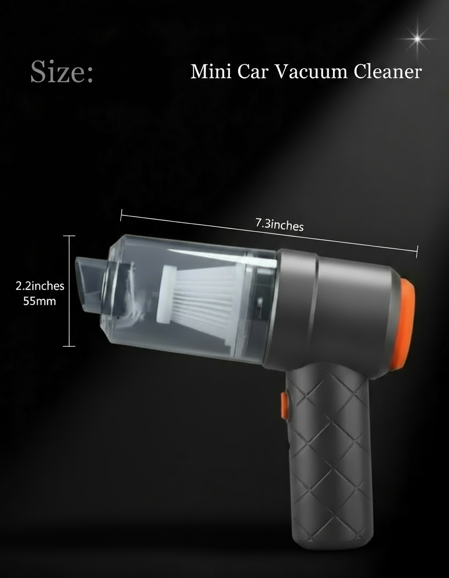 Mini car vacuum cleaner with dimensions on a black background