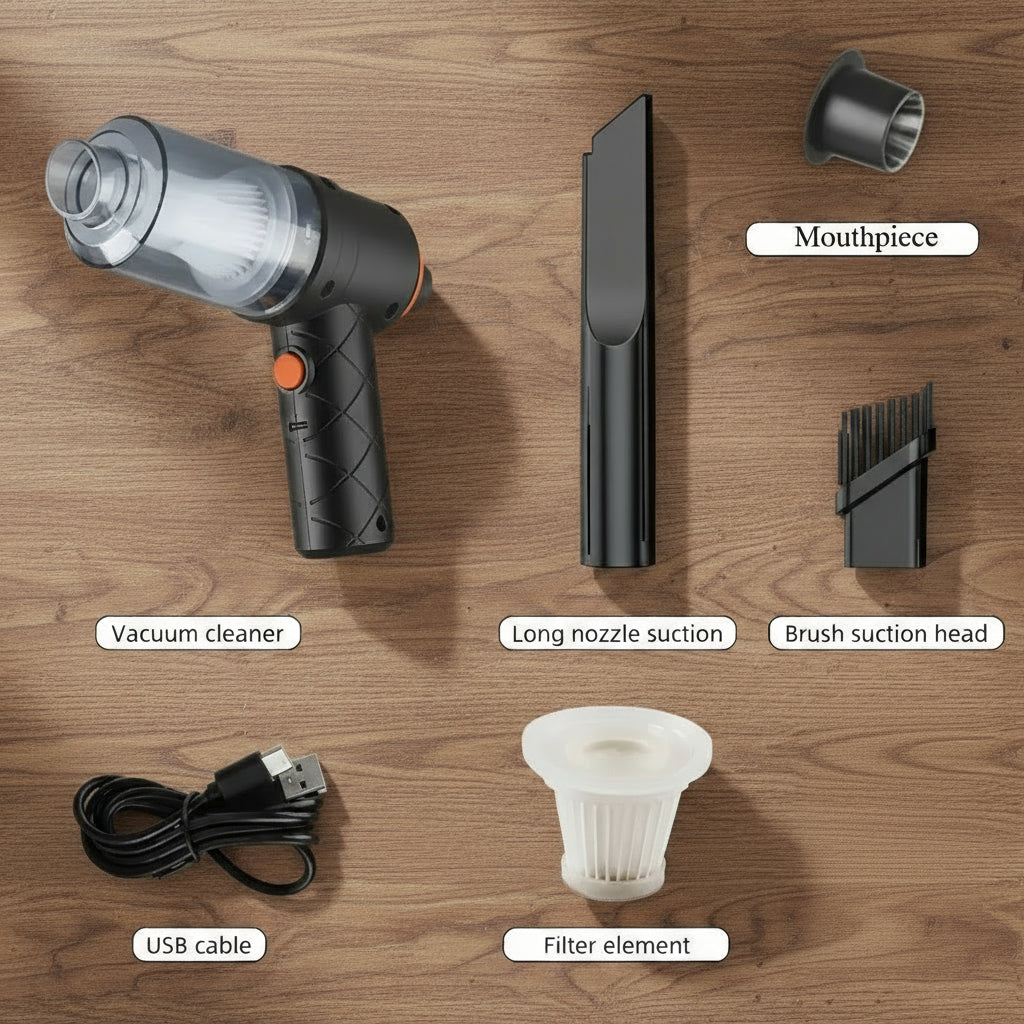 Collection of components for a handheld vacuum cleaner on a white background
