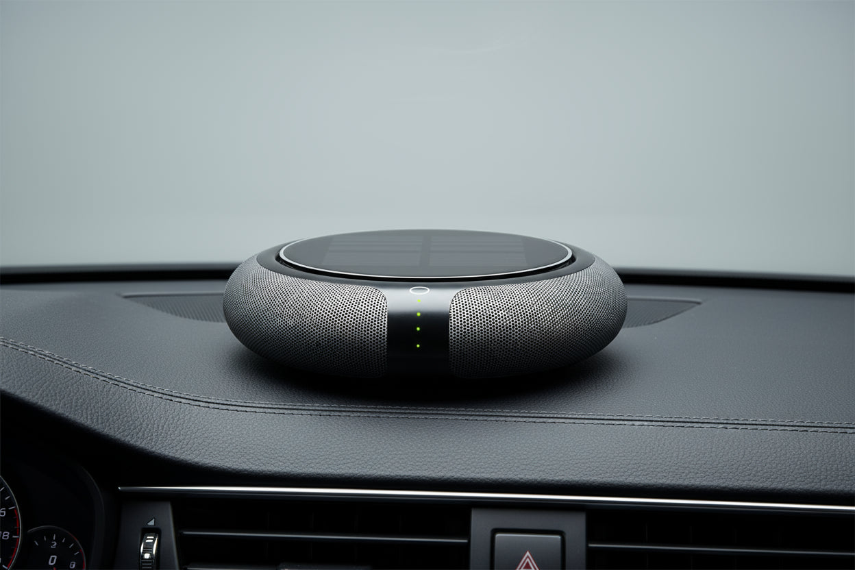 Round black device with solar panel on a white background