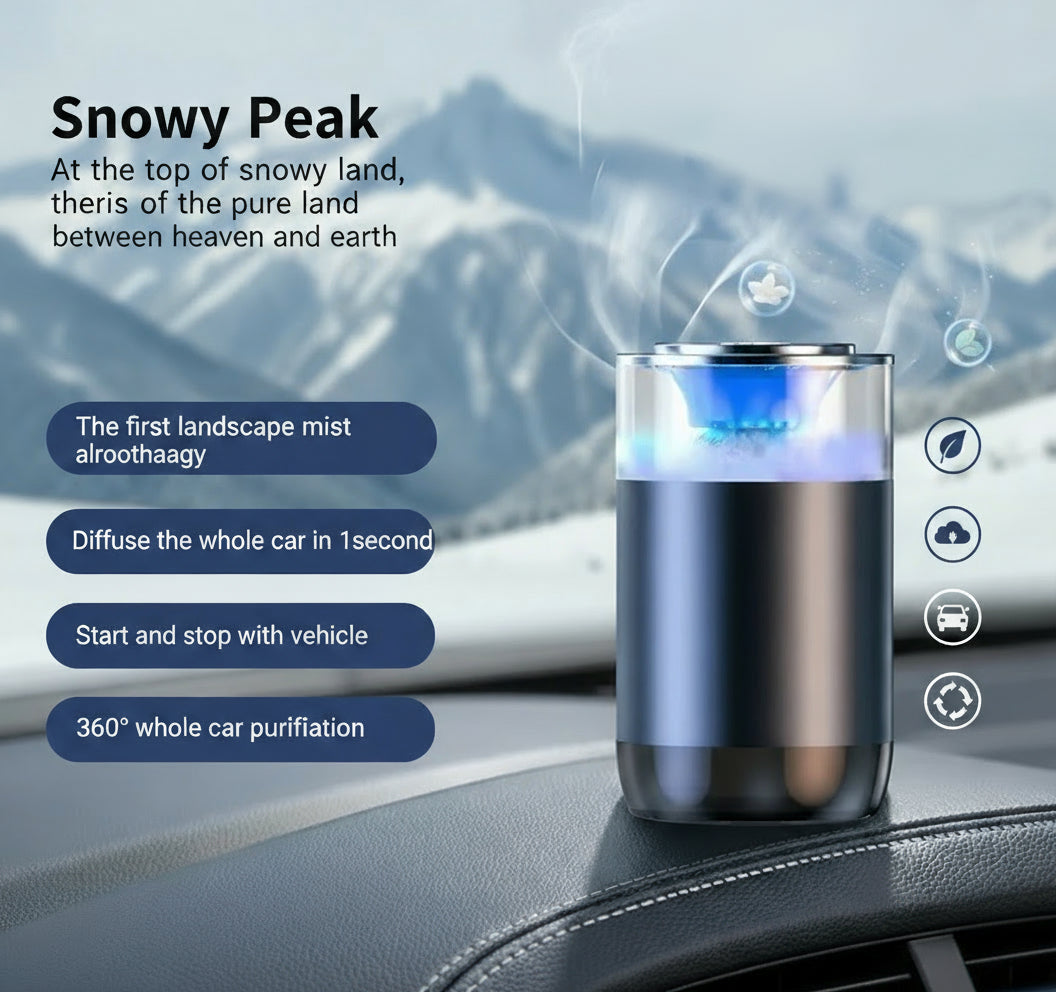 Car air freshener with features listed on a blue background
