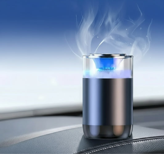 Car air freshener with features listed on a car dashboard background