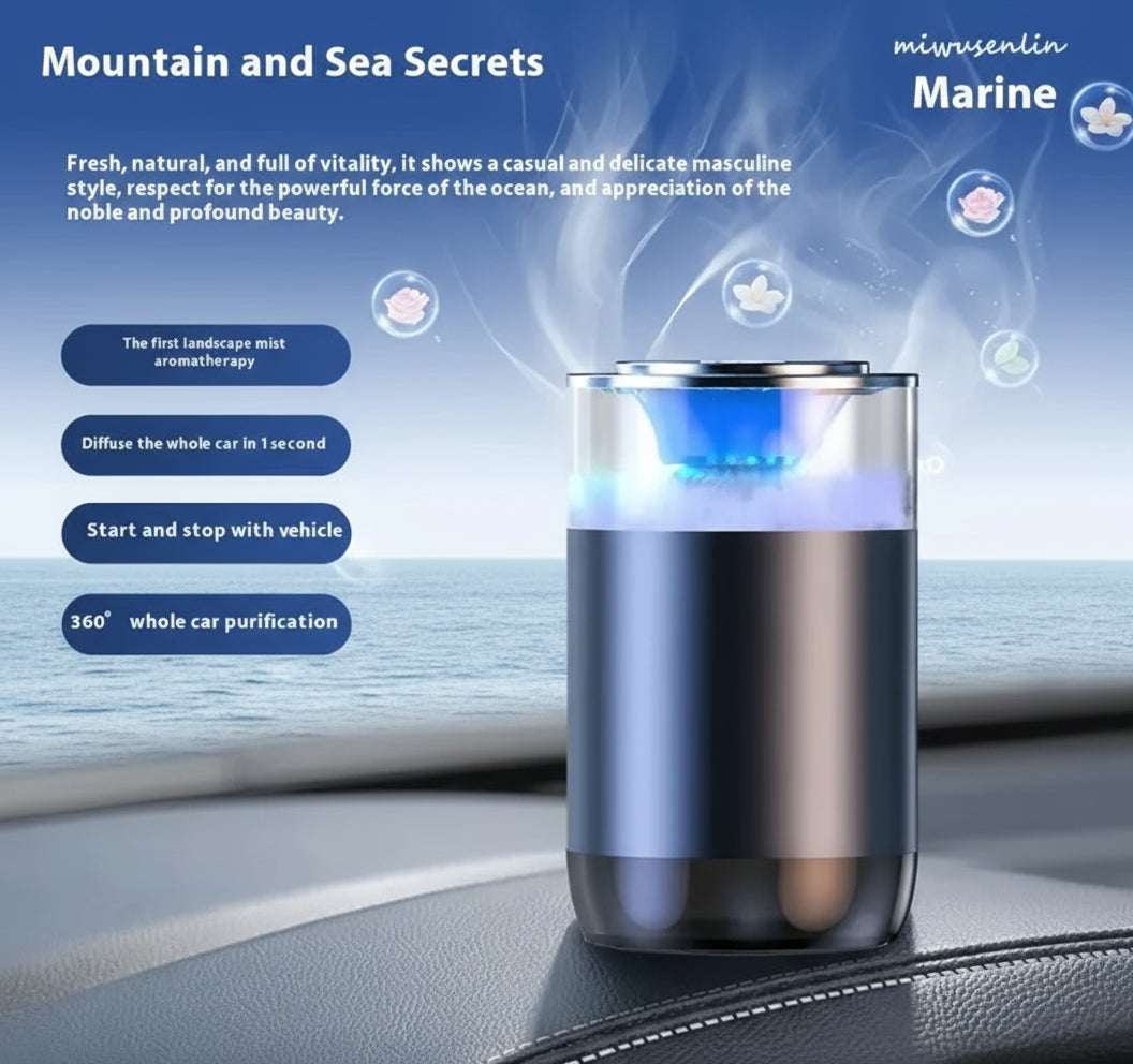Car air freshener with features listed on a blue background