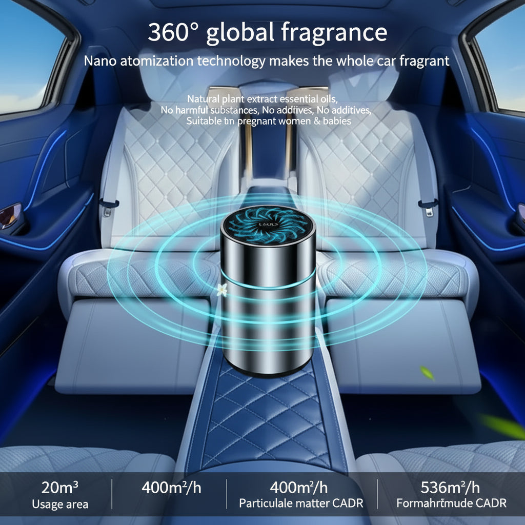 Car interior with a car air freshener device and text about its features.